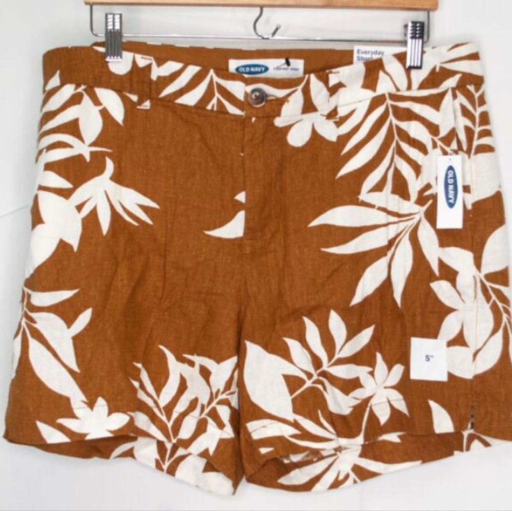 OLD NAVY Women's Brown Beige Tropical Print Everyday Shorts Linen Blend sz 6.